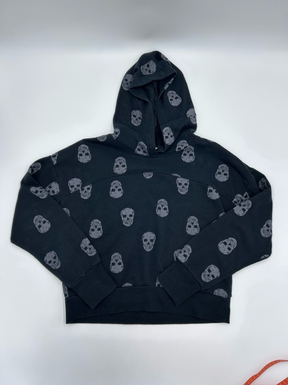 Pink Rose Black Hooded Sweatshirt with Gray Skull Print - Women M